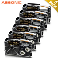 Absonic 6PK XR-12BKG Gold on Black Compatible for Casio Label Tape 12mm*8m Compatible for Casio XR12BKG XR 12BKG Label Maker