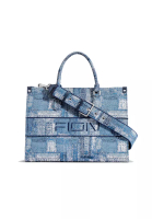 FION FION Oil Painting Denim with Leather Tote Bag