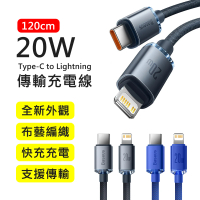 BASEUS 倍思20W晶耀系列Type-C to Lightning 1.2M布藝編織快充傳輸充電線(iPhone/iPad適用)