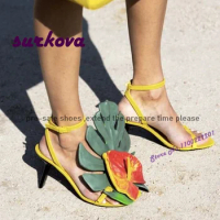 Shaped Heel Walking Sandals Anthurium Large Leaves Decoration Patchwork Women's Sandals 2023 New Buckle Slingback Luxury Shoes