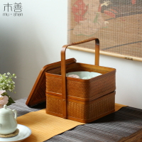 日式竹編收納籃食盒野餐祭祀籃 碟子點心碗月餅禮盒中式手提盒