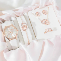 A Women's Classic Fashion Love Rhinestone Quartz Watch And Rose Gold Double Love Five-Piece Jewelry Set. For Daily Life