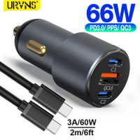 URVNS 66W Type C Fast Car Charger, 3-Port PD3.0/PPS QC3.0 30W 20W 18W For iPhone13/12 Sumung Galaxy Xiaomi Huawei Mobile Phones