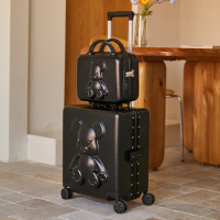 14"18 Inch 2 Pcs Aluminum Frame Black Trave Suitcase Sets With Wheels Trolley Luggage Check-in Case Cosmetic Bag Valises Voyage