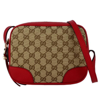 【GUCCI】緹花布皮飾邊雙G吊飾斜背包(卡其/紅)
