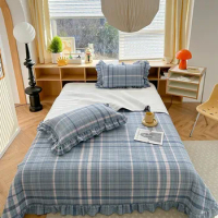 Premium Quality Quilted Cotton Bedspread and 2Pillow shams Exquisite craft Ruffles Blue Plaid 1Quilt Set 2 Shams Full/Queen 3Pcs