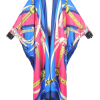European Elegant Casual Bohemian Women Silk Printed Duster Coat African Loose Sleeve Long Cardigan Kimonos Kaftan Clothing