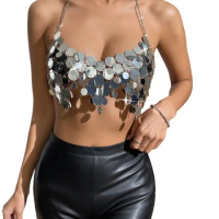 Sexy Metallic Chain Top for Women - Sequin Halter Deep V Neck Backless Crop Tank for Night Club Party Rave Outfits