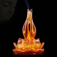 Zen Buddha Hand Incense Burner Creative Beautiful Genuine Liuli Lotus Statue Study Home Decor Buddhism Stick Stand Aroma Censer