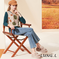 LUNG.L林佳樺 藍色燙鑽下擺抽鬚小喇叭女裝牛仔褲LD10E