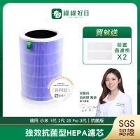 【綠綠好日】適用 小米 1代 2代 2S Pro 3代 HEPA抗菌濾芯/濾網(含RFID 紫色 抗菌版 濾棉x2)