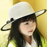 兒童女草帽黑白小香風夏季親子款遮陽沙灘帽大檐海邊度假出游