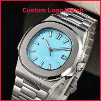 40mm Custom S Logo For Watch Men Automatic NH35 Luxury PP Brand Nautili Type Ice Blue Waterproof WristWatches Transparent Back