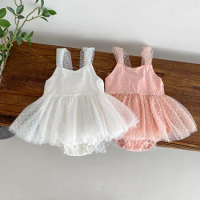 Newborn Jumpsuit Baby Girls Romper White Pink Elegant Gauze Polka Dot Singlet Princess Dress 0-2yrs