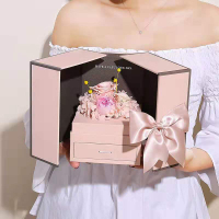 情人節項鏈首飾禮物盒 七夕鮮花包裝盒含手提袋 對開門永生花禮盒