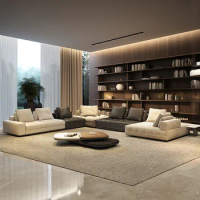 Sofa Italian light luxury living room large villa high-end luxury leather art fabric combination sofa
