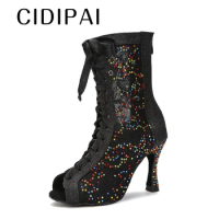 CIDIPAI Soft Sole High Top Dance Boots Women Ballroom Dancing Shoes Lace Mesh Latin Dance Shoes Cuban heel Black Party Boots
