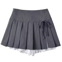 Chu Sau beauty 2024 Women Fashion Sweet Bow Mini Skirt Preppy Style Pleated Short Skirts Chic High Waist Lace Patchwork Skort