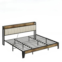 King Size Bed Frame, Storage Headboard with Charging Station, Solid and Stable, Easy Assembly Bed Frame