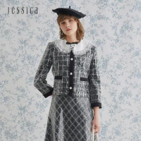 【快速到貨】【JESSICA】精美珠片刺繡格紋蕾絲領甜美百搭短外套（黑）212207