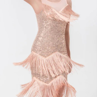 1920s Flapper Girl Fringe Dress O-Neck Sleeveless See Through Mesh Bodycon Tired Tassel Dress Glitter Party Club Dress