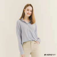 【Hang Ten】女裝-RELAXED FIT條紋長袖襯衫(藍)