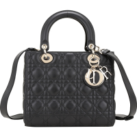DIOR Lady Dior 中型 縫線藤格紋羊皮手提/肩背包(黑色)