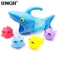 UNGH Baby Cute 3D Shark Animal Floating Bath Toy Montessori Swimming Water Toys Soft Rubber Float Squeeze Sound Kid Wash Play
