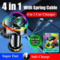 4 in 1 USB C Car Phone Charger Adapter with Spring Cable for iPhone iPad Super Fast Charge for Samsung Huawei Oneplus Oppo Vivo