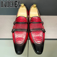 Luxury Men Leather Shoes Black Red Snake Prints Casual Mens Dress Shoes Wedding Office Double Monk Strap Shoes For Men