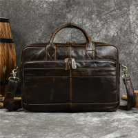 Genuine Leather Men's Briefcase Business Handbag Vintage Cowhide Male Shoulder Crossbody Bag Office 14 "Inch Laptop
