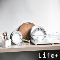 Life+ 日式簡約 雙層多功能碗盤餐具瀝水架/收納架/置物架/瀝水籃_附排水導管
