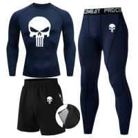 Skull Men's Sweats Set 3 Pcs Sportswear Tracksuit Rushguard Fitness Leggings Dry Compression t Shirt Long Sleeve Training Short