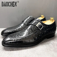Elegant Mens Dress Shoes Formal Black Monk Strap Loafers Animal Print Calf Leather Handmade Man Shoes Monk Shoes for Men