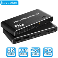 Navceker 2x1 8K Thunderbolt 4 USB C KVM Switch 100W PD Charge 4K 144Hz Type C KVM Switch Switcher for 2 Laptop Macbook 1 Monitor