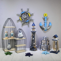 地中海擺件復古裝飾擺設海洋風格做舊仿古船舵燈塔組合擺臺掛飾品