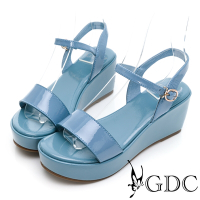 GDC-漆皮春夏亮采素色基本百搭厚底一字涼鞋-淺藍色