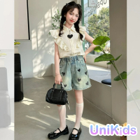 【UniKids】中大童裝2件套裝飛袖襯衫愛心牛仔短褲 女大童裝 VPX24040605(套裝)