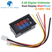 TZT DC 0-100V 10A Digital Voltmeter Ammeter Dual Display Voltage Detector Current Meter Panel Amp Volt Gauge 0.28" Red Blue LED