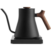 Electric Gooseneck Kettle - Pour-Over Coffee and Tea Pot, Stainless Steel, Matte Black with Walnut Wood Handle, 0.9 Liter