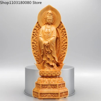 20cm Cypress carving Prayer beads Guanyin buddha statue Kwan-yin stand lotus Wooden buddha goddess statue sculpture