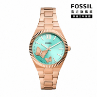 【FOSSIL 官方旗艦館】Scarlette 浮雕飛舞蝴蝶新芽綠女錶 玫瑰金不鏽鋼錶帶 指針手錶 38MM ES5277