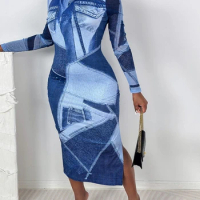 Chu Chu Is A Charming Girl's Hot Selling Denim Style Printed O-Neck Long Sleeved Tight Fitting Dress In Stock