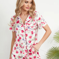 Women Summer Pajama Set Strawberry Print Short Sleeves Tops and Elastic Shorts for Loungewear Soft Sleepwear