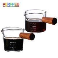 Glass Measuring Cup Espresso Measuring Cup Double Mouth Milk Jug Wooden Handle Еspresso Shot Glass Measure Mug 60ML/70ML/75ML