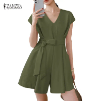 ZANZEA - จั๊มสูทคอวีผู้หญิง แฟชั่นเกาหลี แขนสั้น เนคไท ทรงเอ