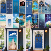 Blue Door Mural Stickers Self-Adhesive 3D Relief Beach Sea Wallpaper Custom Size House Door Design Decor 3D Nature Scenery Decal