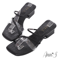 (季末換季出清)Ann’S透明帶mix細帶-粗跟方頭涼拖鞋4cm-黑