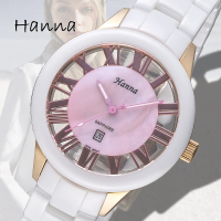 【HANNA】漢娜腕錶 白陶瓷鏤空設計女錶-霓虹粉刻度/6948GM-VX8212-4(保固二年)