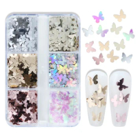 6 Grids Kawaii Butterfly Nail Art Sequins Charms Holographic Laser Gold Silver 3D Glitter Flakes For Nails Accessories Materials